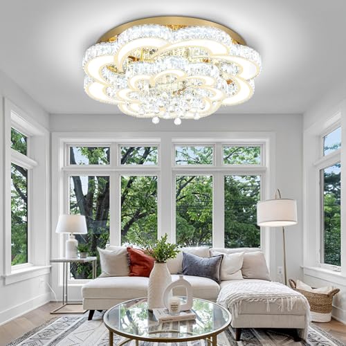 Dia 32'' Modern Crystal Chandelier Flush Mount Crystal Ceiling Light Fixture Dimmable LED Ceiling Chandelier for Living Room Dinning Room Bedroom (Gold / Dia 32")