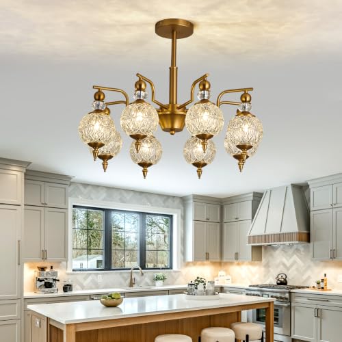 Vintage Gold Sputnik Chandelier 8 Lights Crystal Adjustable Hanging Ceiling Light Fixture Antique Large Pendant Lighting with Glass Globe Shade for Living Room Dinning Room Bedroom Kitchen (Gold / 8 light)