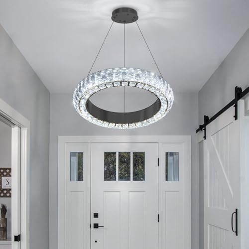 16" Ring Modern LED Dimmable Crystal Chandelier Adjustable Height Pendant Light Round Crystal Chandelier Light Fixtures for Dining Room Living Room Kitchen Island Black (Black / 1 Ring Round 16")