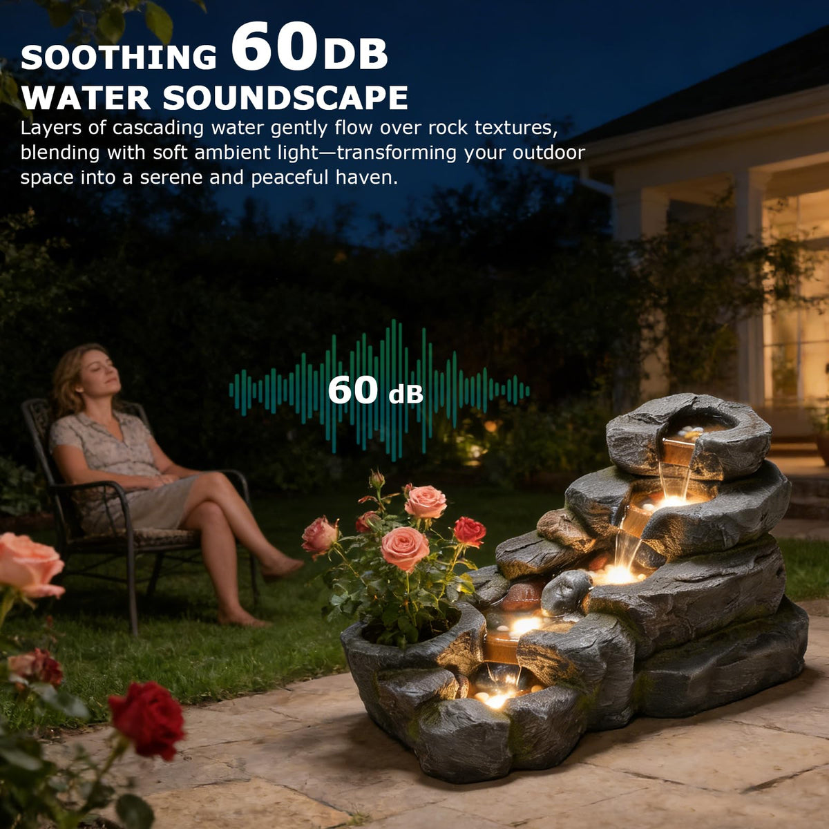 38.2" L Garden Water Fountain Outdoor Waterfall with LED Light (38.2’’L / Gray)