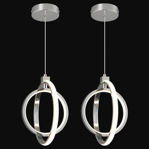 Modern LED Chandelier Chrome Ring Pendant Light Fixtures 4000K Dimmable Height Adjustable Pendant Lighting for Dining Room Kitchen Island Bedroom Living Room Foyer（2 (Chrome / Round-2Pack)