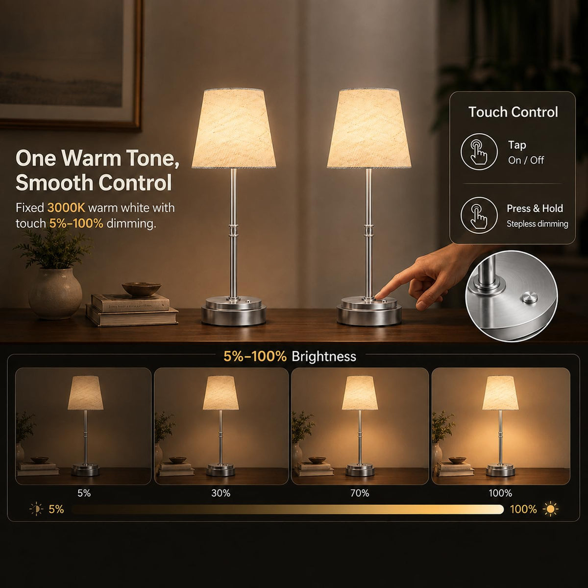 Cordless Table Lamps 2 Pack (Silver)