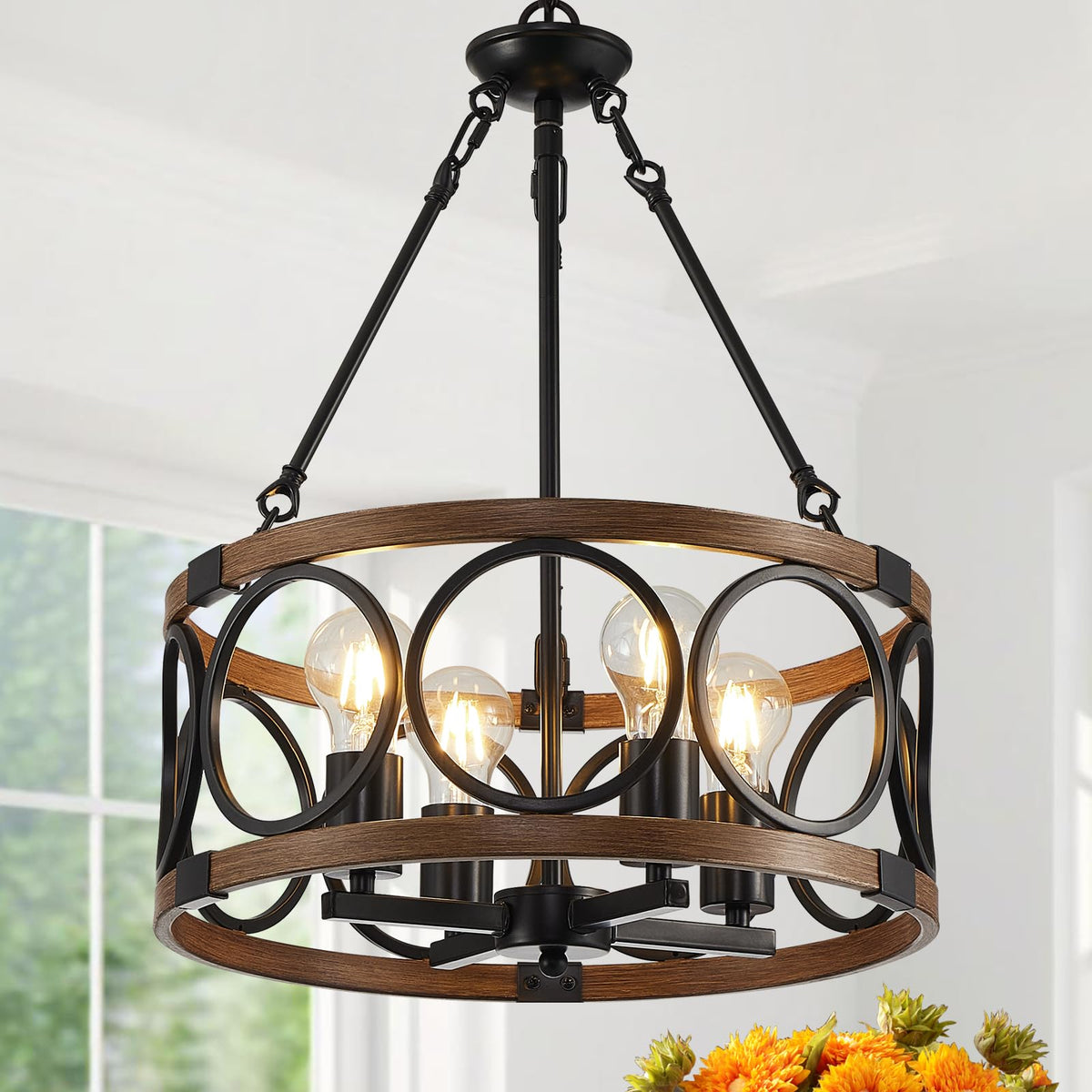 16" Dining Room Light Fixture (Farmhouse Walnut Grain-16"(Easy To Install) / 4-Light)