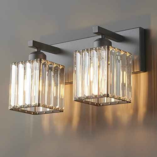 Modern 2 Light Black Crystal Bathroom Vanity Wall Light (Black Straight / 2-light)