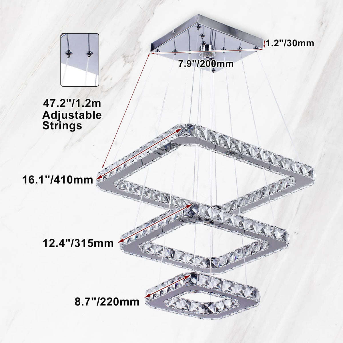 Square 3 Ring Crystal Chandelier Adjustable Height Cool White