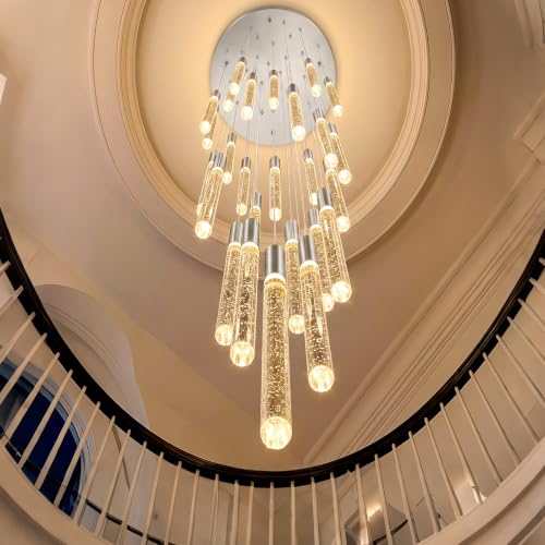 W24 x H157 Glam Chandelier Bubble Crystal Ceiling Chandeliers Remote Dimmable LED Light High Ceiling Pendants Light Fixtures Adjustable Long Lights 24 (24 lights / Silver)