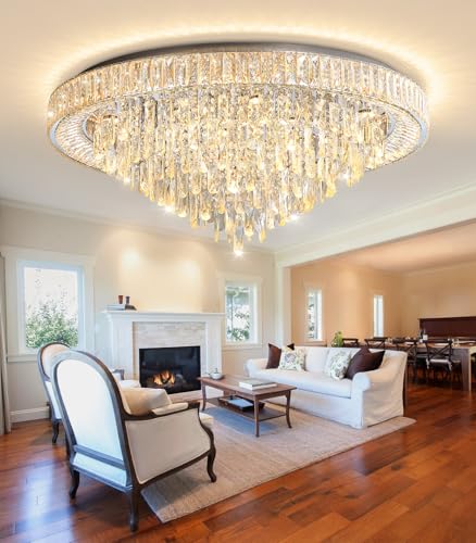Crystal Chandeliers Modern LED Dimmable Flush Mount Ceiling Chandeliers for Living Room High Ceiling Entrance Foyer Bedroom Dining Room (Silver / 39.3" Width)