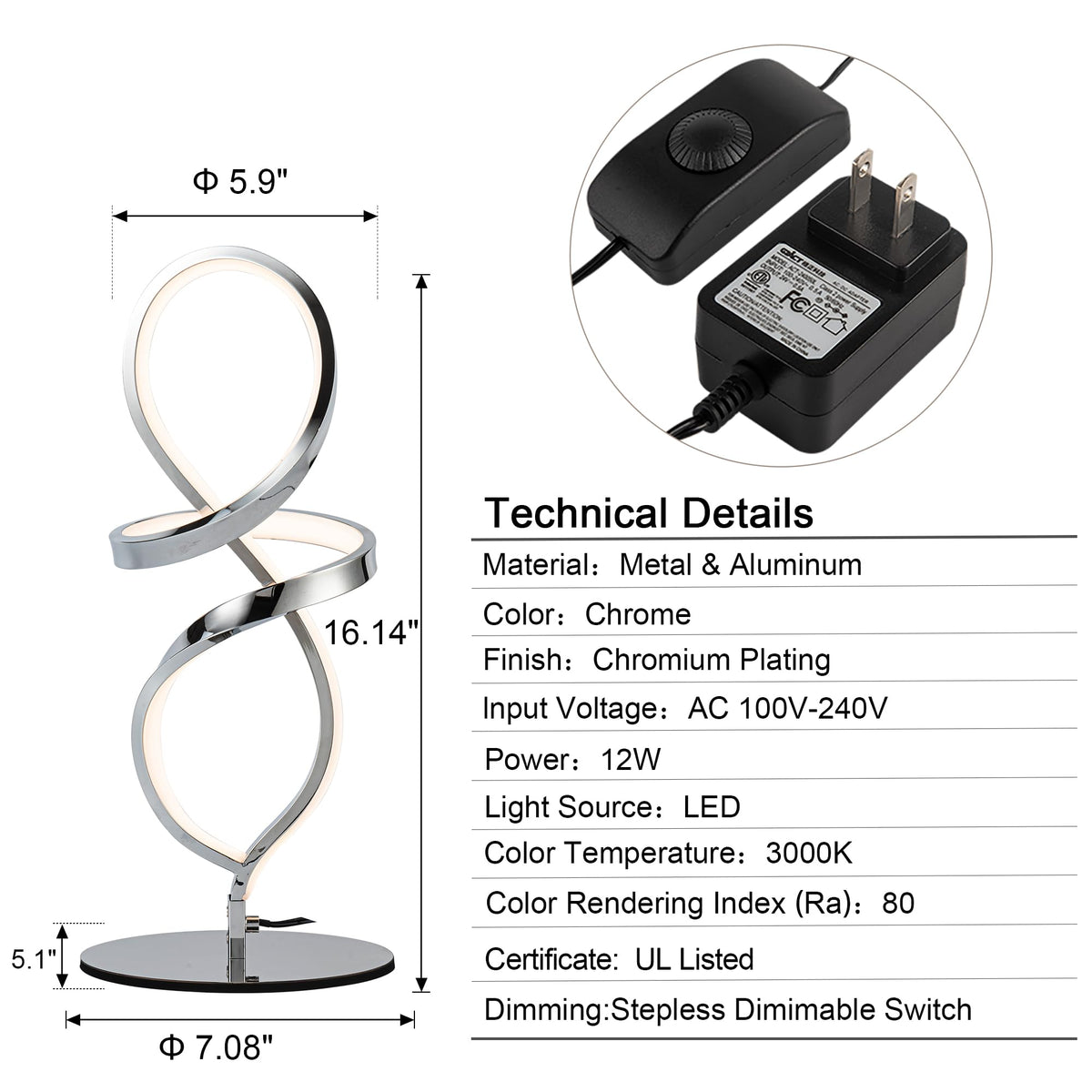 Modern Lamp with LED Spiral Design (Chrome-2 Pack / 15.7IN-2PK)