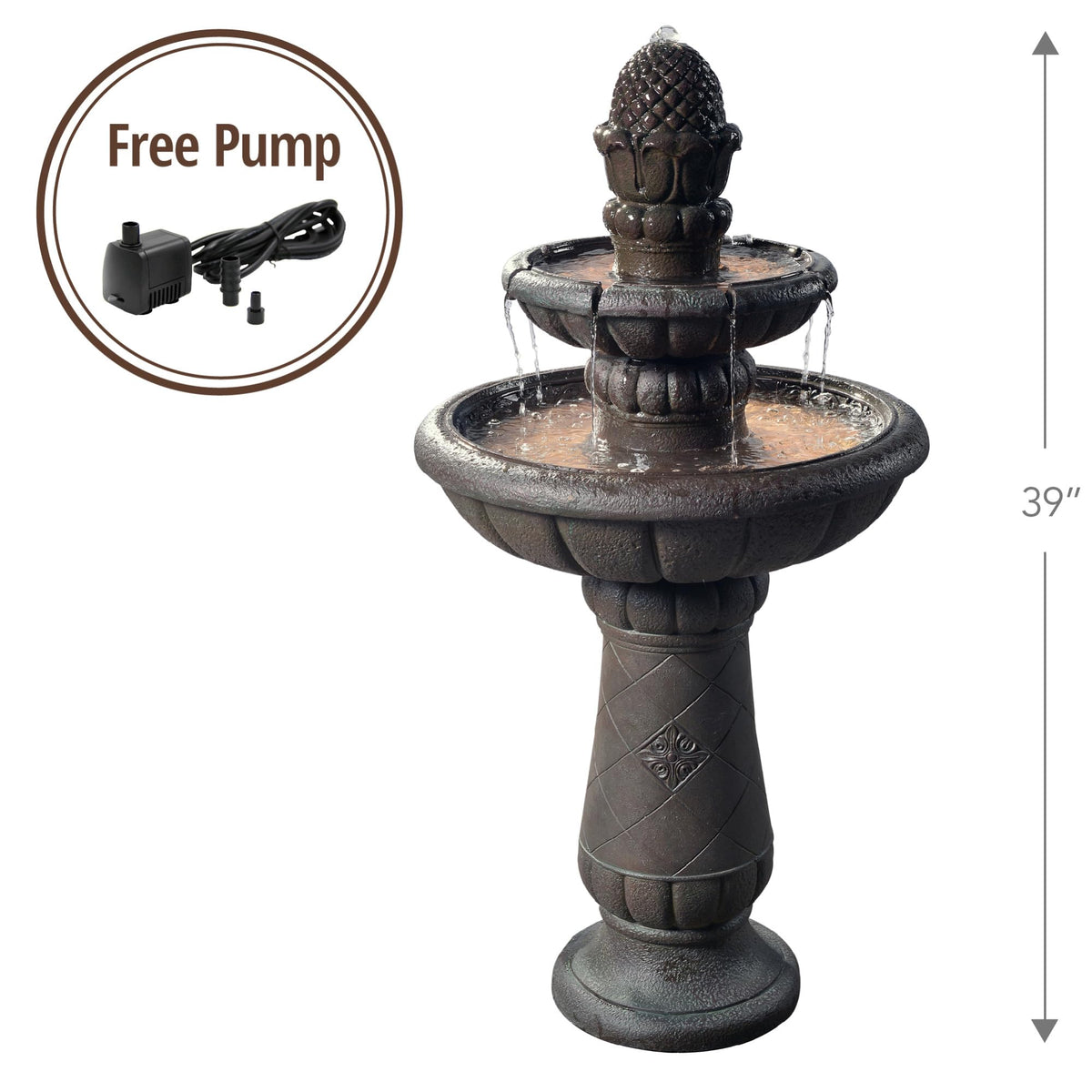 Deluxe Pineapple Pedestal 2 Tiered Floor Waterfall Fountain with Pump for Outdoor Patio Garden Backyard Decking (Iron Grey)