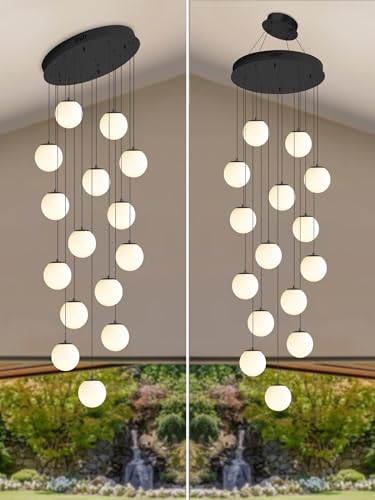 15 Light Black Chandelier with White Globe Glass Dimmable Ceiling Light Glass Pendant Light for Kitchen Island (Black-White / Globe 15-Light)