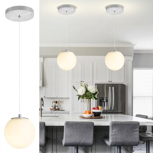 1 Light Modern Globe Pendant Light Fixtures Silver Chandelier with White Globe Glass Dimmable Ceiling Light Glass Pendant Light for Kitchen Island (Silver-White / Globe 1-Light)