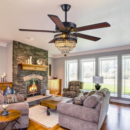 52"Black Crystal Chandelier Ceiling Fans with Lights and Remote Control (Black-52IN)