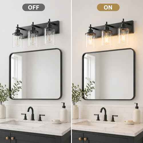 4 Light Black Bathroom Light Fixture Over Mirror Modern Farmhouse Bathroom Vanity Light Vintage Wall Lighting with Clear Glass Shade for Bathroom (Black / 4-Light)