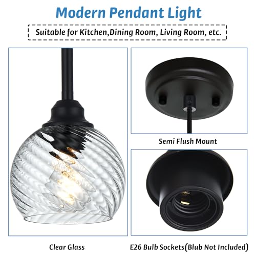 3 Pack Dining Room Light Fixtures Hanging with Clear Striped Swirl Globe Glass (Transparent / 1-Light-3 Packs)