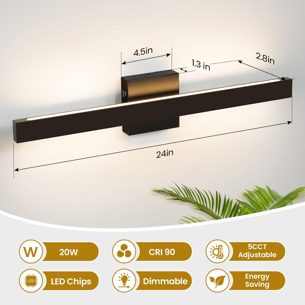 24 Inch Modern Vanity Light Black Bathroom Lighting Fixture with Up & Down Lighting 5CCT Dimmable LED Vanity Light Bar Over Mirror for Bathroom Bedroom Restroom (Black / 24 Inch)