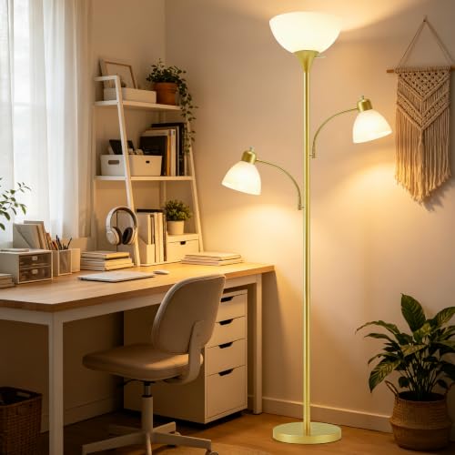 3 Head Torchiere Floor Lamps with 2 Reading Lamp for Living Room (Gold)