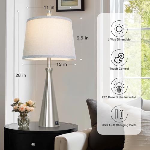 28" Silver Touch Table Lamps Set of 2 with USB A+C Ports (B Silver)