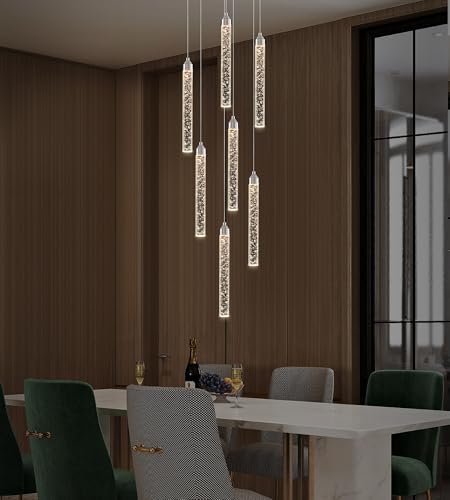 7 Lights High Ceiling Crystal Staircase Chandelier Chrome Pendant Lights Modern Spiral Raindrop Dimmable LED Bubble Cluster Ceiling Hanging Lighting Fixture for Foyer Living Room Remote Control (Chrome / 7 lights)