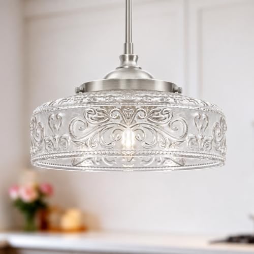 Brushed Nickel Pendant Light with Clear Glass Lampshade (Nickel+Patterned Glass / 12in)