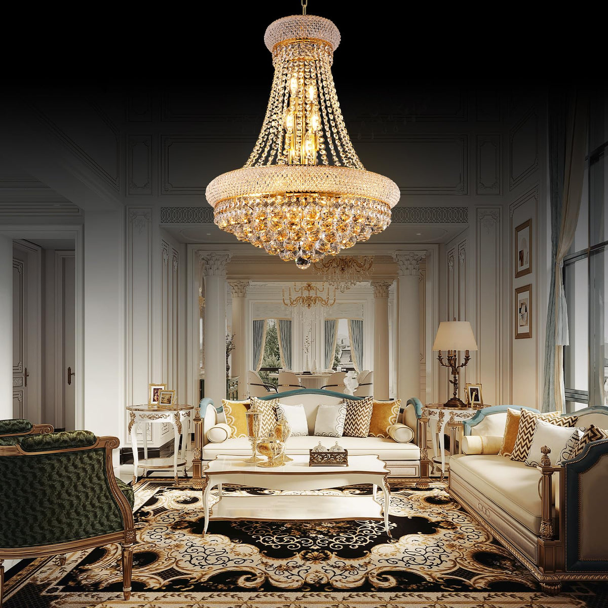 22" W 12 Light Luxury Entrance Chandelier with Unique Empire K9 Crystal Design for High Ceilings (22"(Gold))