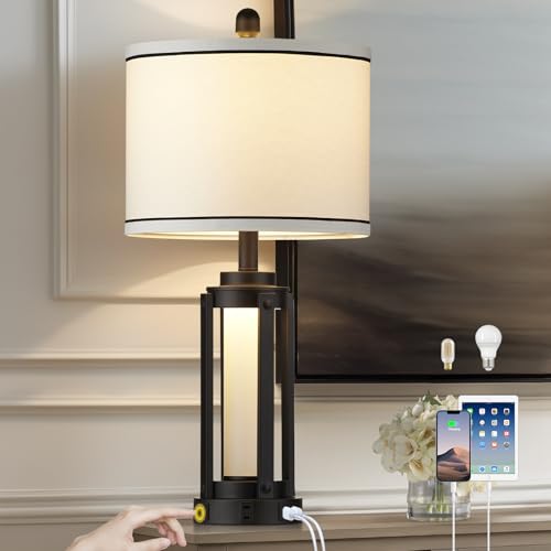 26" Modern Table Lamp with USB A+C Charging Ports & AC Outlet (Black)