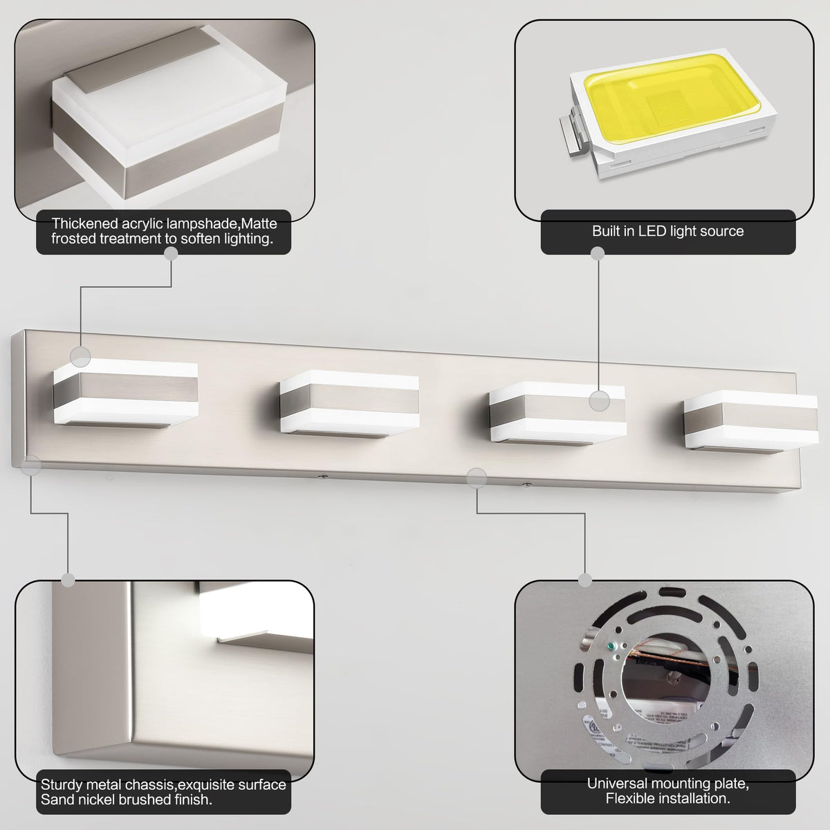 30 Inch Bathroom Vanity Lights Brushed Nickel Light Fixtures for Bathroom Above Mirror 4 Light Led Lights Bath Lighting Fixture Nickel ETL Listed (Brushed Nickel,6000K & 100% -0% Dimmable Brightness / 4- Light,30Inch)