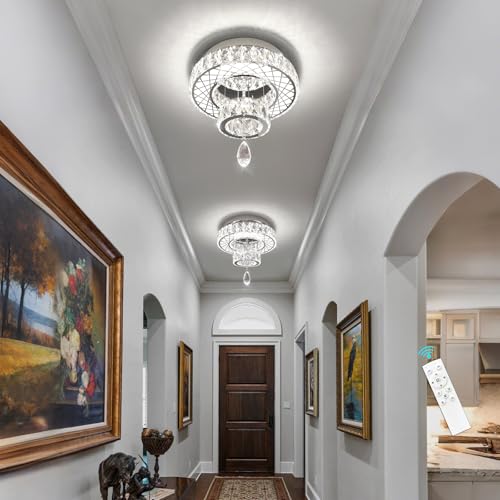 Modern Glam Ceiling Chandelier Bedroom Light Fixtures Crystal Flat Sloping Ceiling Lights for Hallway Kitchen Dining Room Dimmable Light with Remote Silver (12 inch / Silver)
