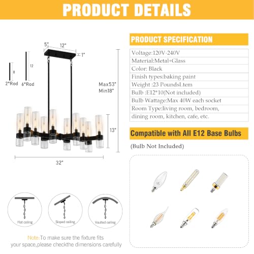10 Light Black Chandeliers for Dining Room with Clear Glass Shade (Black / 10-Light L32")