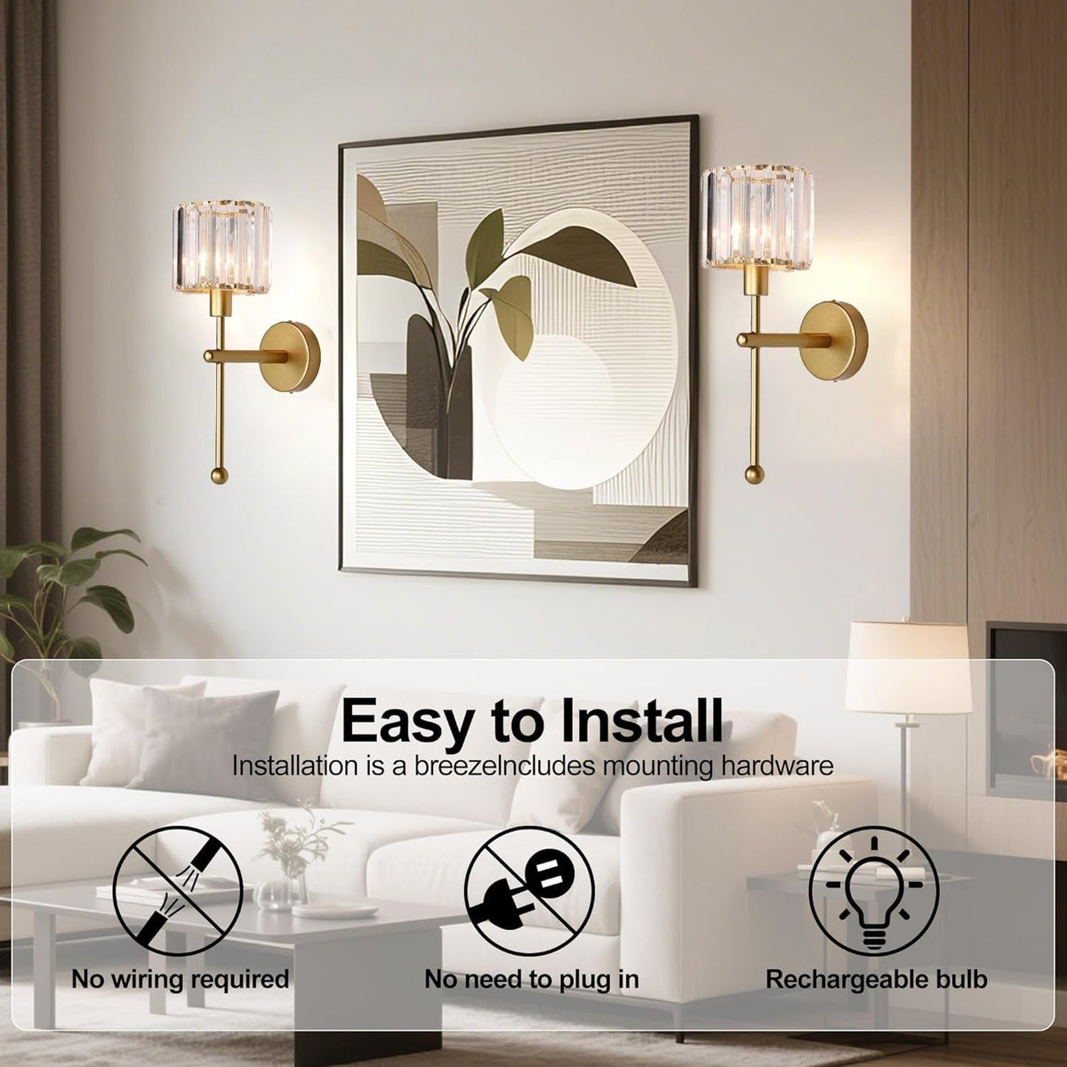 Modern Glass Crystal Wall Sconces Battery Operated Set of 2 (Gold)