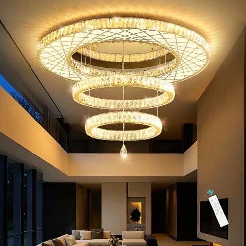 48 inch Large Size Glam Chandelier Crystal Ceiling Light for Living Room Chandeliers Lighting Fixtures with Remote Dimmable LED Light (48 inch / Gold)
