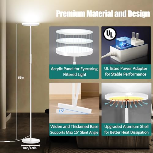 Floor Lamp Upgraded 40W 4000LM Super Bright Torchiere LED Floor Lamps for Living Room (40W White)