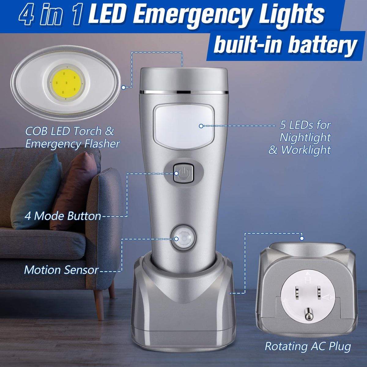 4 Pack 4 in 1 LED Emergency Lights for Home Power Failure (Silver)