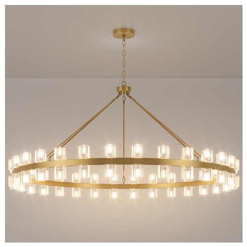 60 Inch Gold Wagon Wheel Chandelier with Crystal Shade (Gold)