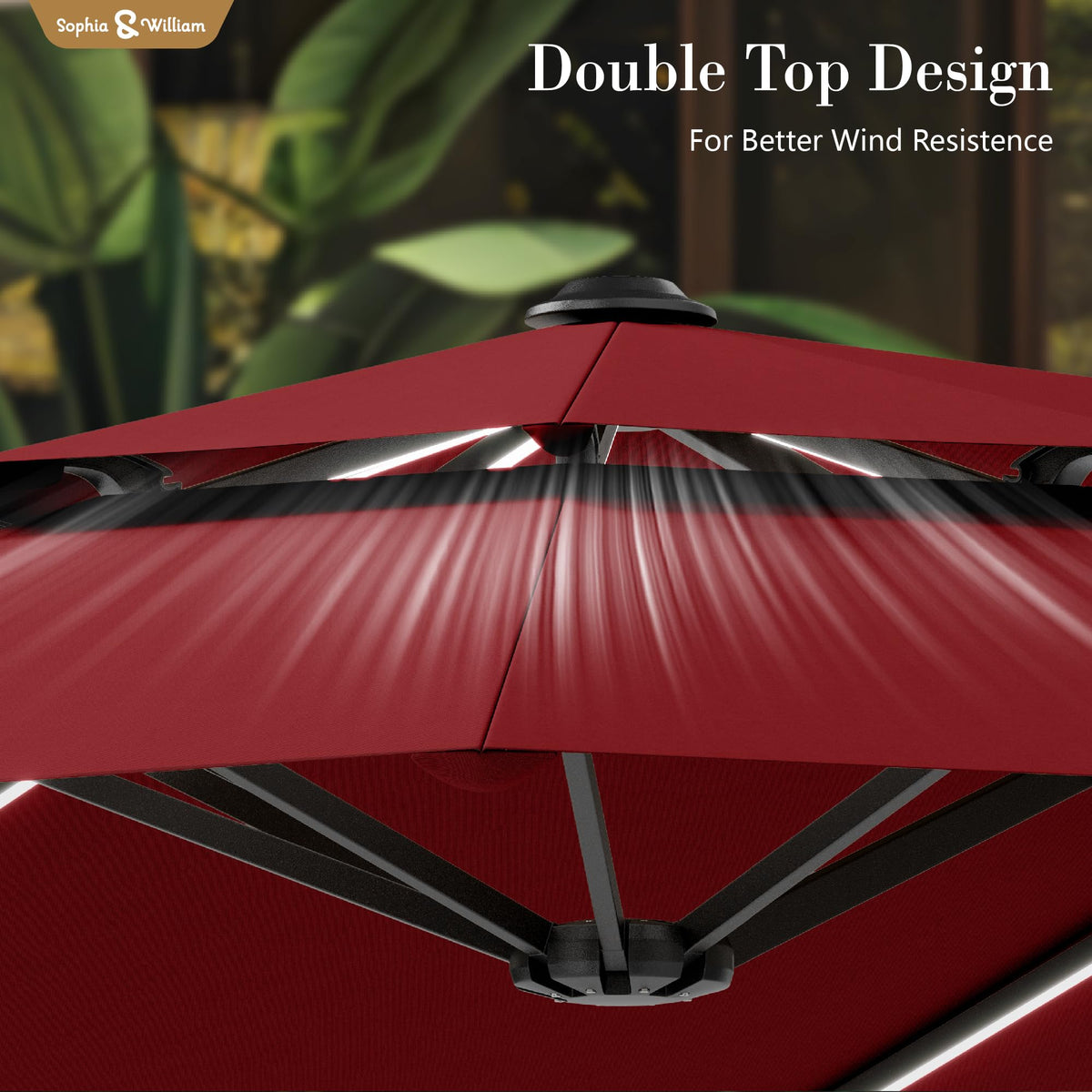 13ft 2 Tier Patio Umbrella with Solar Lights & Base (Red)