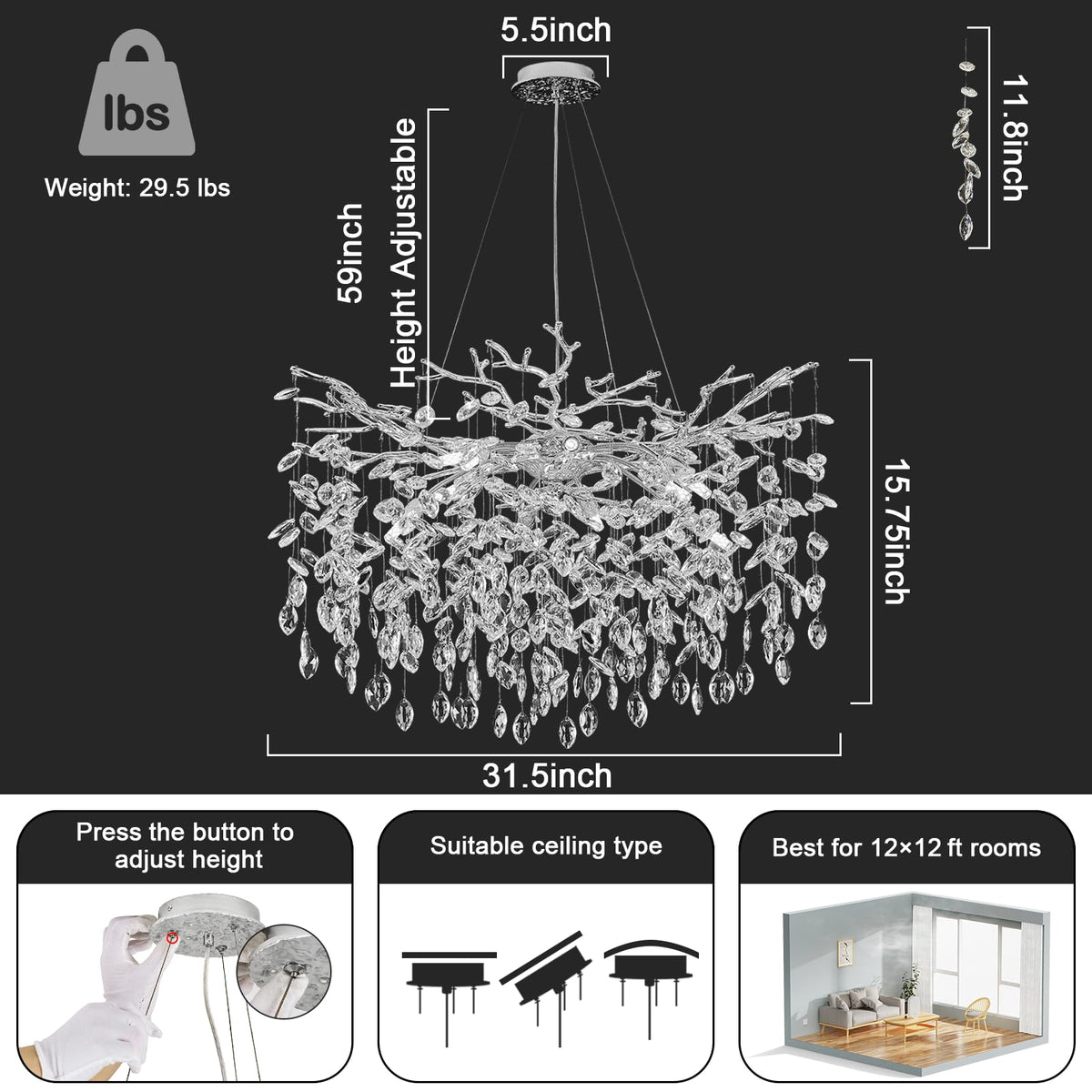Modern Crystal Chandelier (Silver / A-D31.5 Inch)