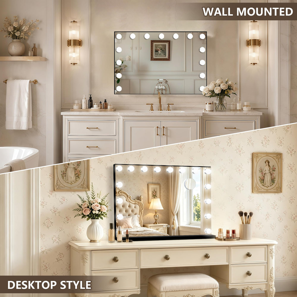 Black Hollywood Vanity Mirror with Lights (Black / 26"L x 20"W)