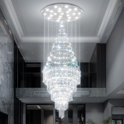 D40''X H120'' Modern LED Crystal Chandelier for High Ceiling Dimmable Large Crystal Raindrop Chandeliers Chandeliers for Entryway Staircaes Foyer Hallway Tall Living Room (Silver / D40"X H120")