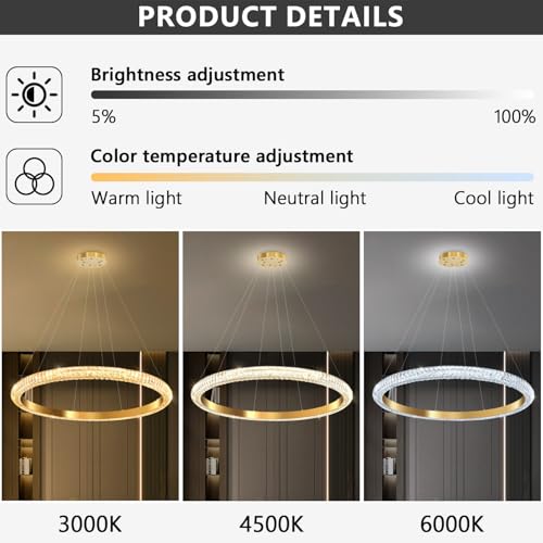 40" 1 Ring Crystal Chandelier Modern LED Dimmable Ring Pendant Light Chandelier for Dining Room Living Room Gold (Gold / 1 Ring Round 40")