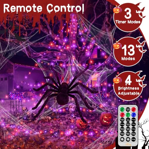 Halloween Sipder Web Lights 454 LED 16.4 FT Tall with Red Eyes Giant Spider (Orange&Purple / 16.4FT)