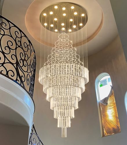 W40 x H120 Glam Chandelier with LED Bulbs Crystal Raindrop High Ceiling Pendant Light for Entrance Large Villa Chandelier Foyer Lighting Fixtures Gold (Gold / Round W40" X H118")