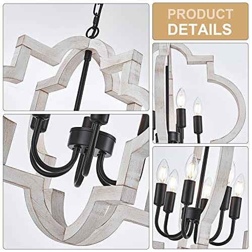 6 Light 21" Farmhouse Orb Chandelier Rustic Handmade Distressed White Wood Hanging Ceiling Pendant Light Fixture Wood Lantern Chandeliers for Dining Room Kitchen Bedroom Foyer Hallway (Textured-White / D21" x H21" 6-Light)