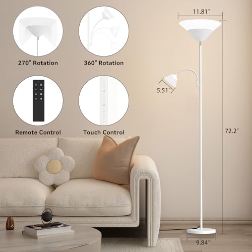 2-in-1 Torchiere Floor Lamp, 34W Super Bright LED Standing Lamp with Remote & Touch Control, 72" Dimmable Adjustable Corner Reading Lamp for Living Room, Bedroom, Office, White (White)