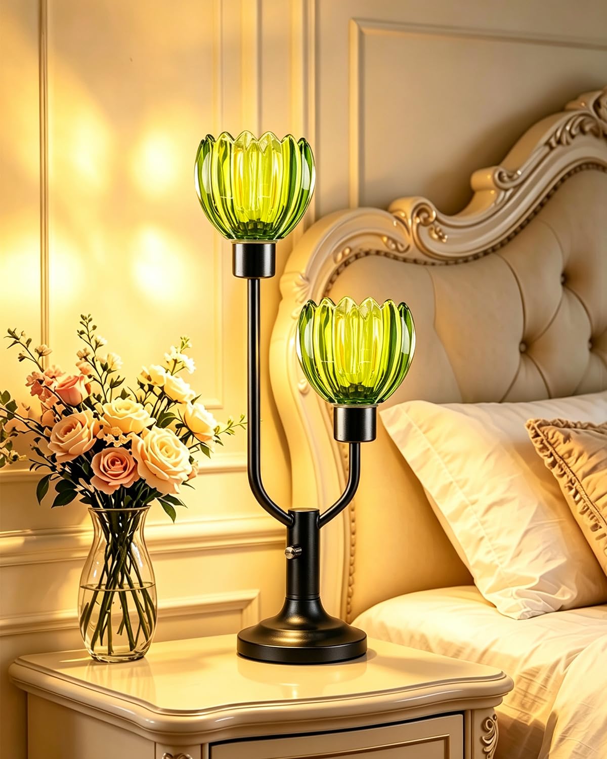 Vintage Green Glass Flower Table Lamp Dimmable Nightstand Lamp (01-Black-Green-Bud)