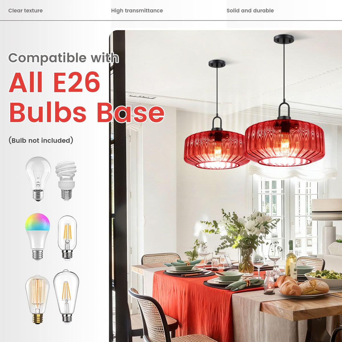 Large Water Glass Globe Pendant Light KItchen art deco Pendant Light (13.7″Red)