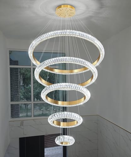 5 Ring Large Crystal Chandelier Modern LED Dimmable High Ceiling Chandelier Ring Contemporary Pendant Light Fixture for Living Room Foyer Staircase Gold D40'' (Gold / 5 Ring Round 40")