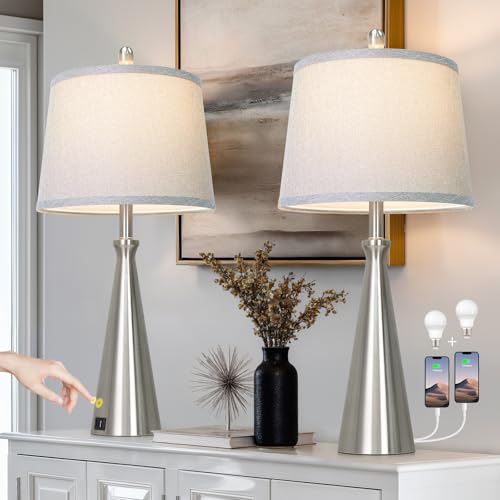 28" Silver Touch Table Lamps Set of 2 with USB A+C Ports (B Silver)