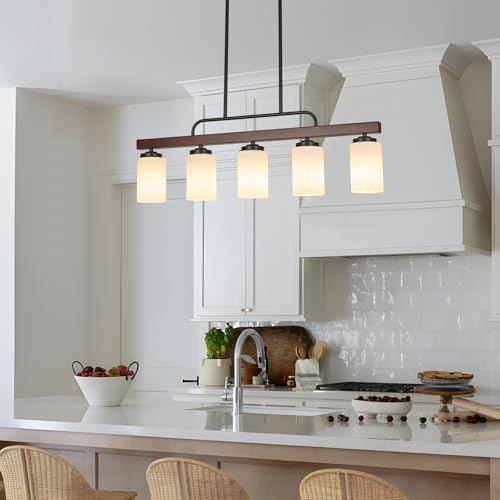 Farmhouse Wood Dining Room Light Fixture Over Table with Milk Glass Shade (Milk Glass / 5-Light)