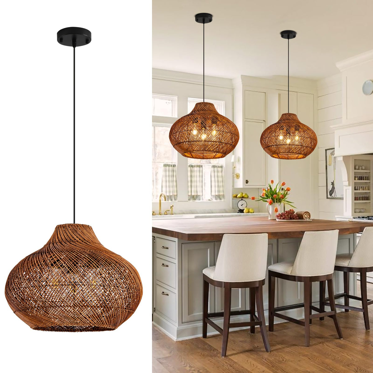 18.9" Rattan Pendant Light (Brown / 18.9" 3-Light)