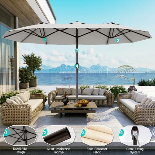 15FT Outdoor Patio Umbrella with Crank (Light Gray / 9x15 Ft)