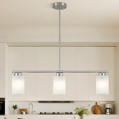 3 Light Kitchen Island Lighting Brushed Nickel Dining Room Light Fixture with Milk Glass Shade 31" Modern Linear Chandelier Adjustable Hanging Pendant Lighting Over Island Dining Table Living Room (Silver / 3-light)